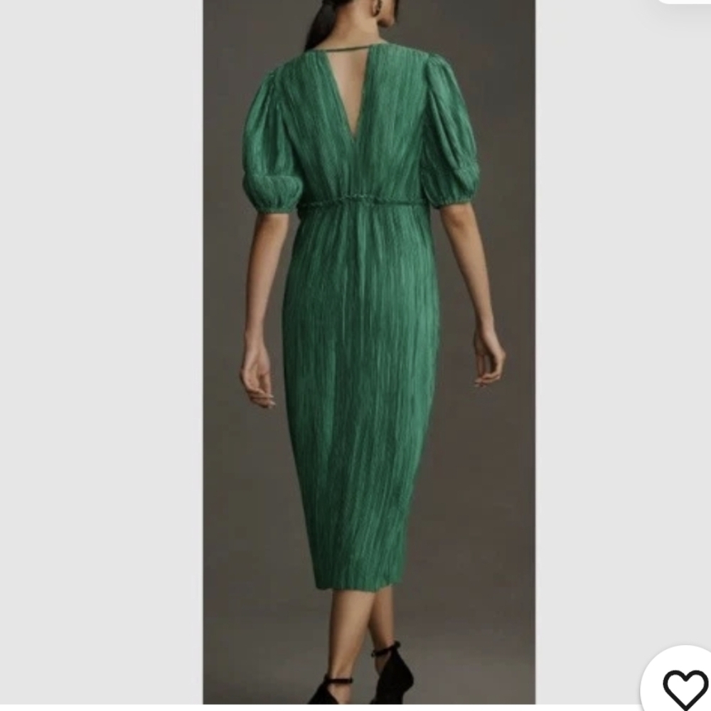 Anthropology Green Pleated V Neck Midi Dress Size Large - Picture 5 of 7